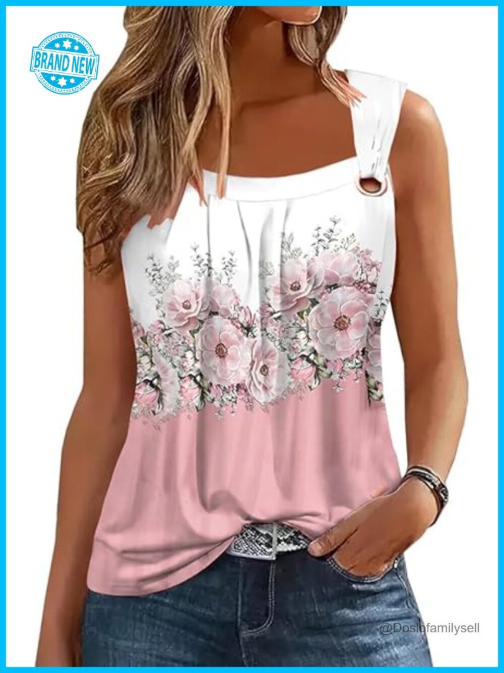 Pleated Square Neck O Ring Shoulder Sleeveless Casual Loose Fit Blouse
